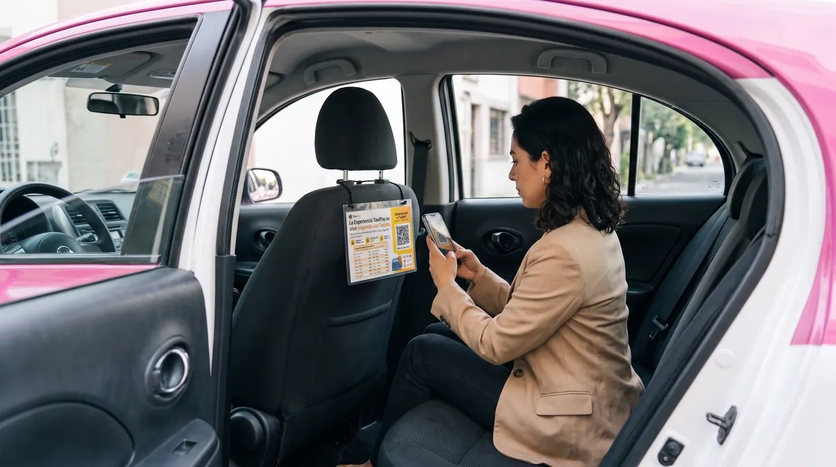 Pasajera escaneando con su celular el QR del gafete en el respaldo del copiloto