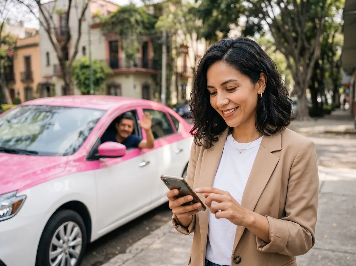 Pasajera calificando su Viaje en el celular mientras el Taxista se despide desde el Taxi