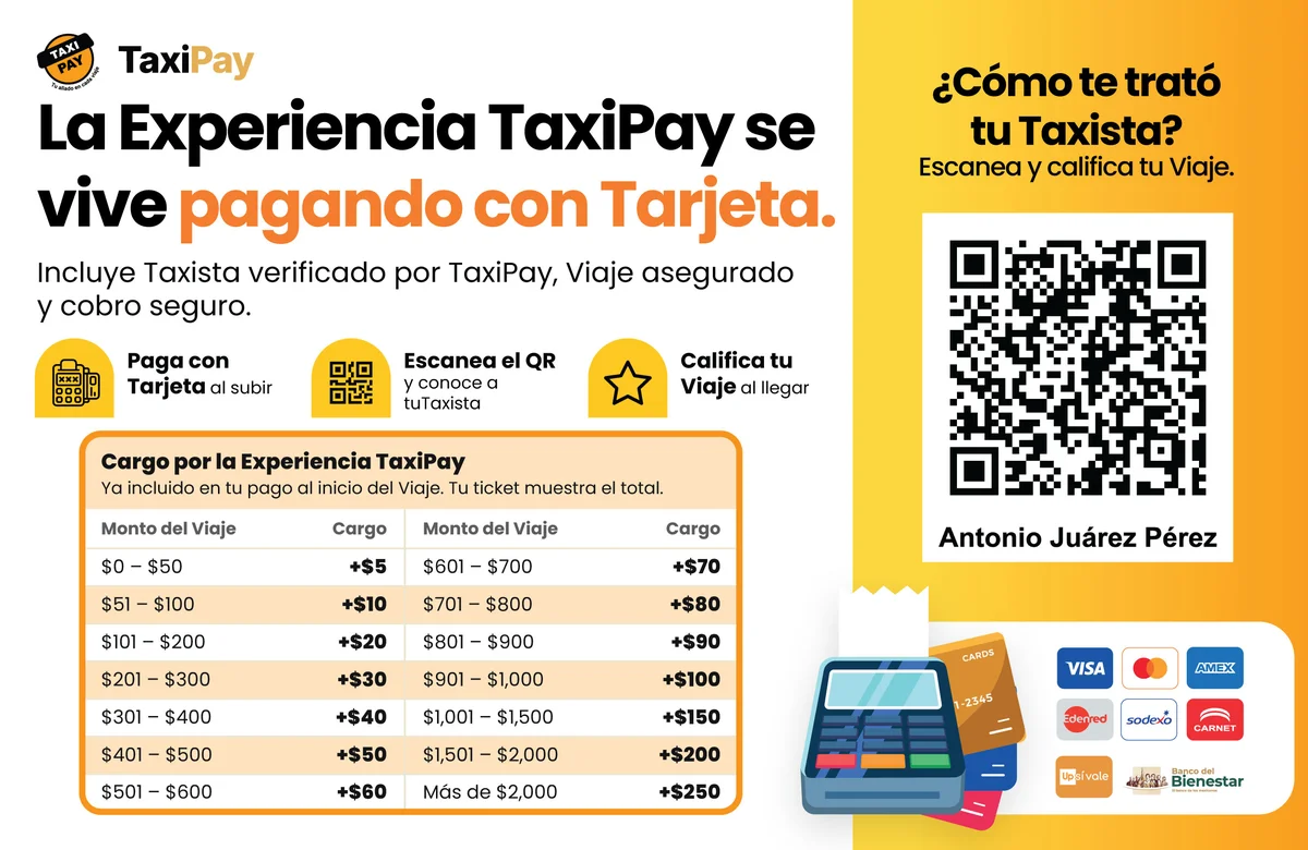 Gafete TaxiPay con la tabla de cargos y el QR del perfil del Taxista