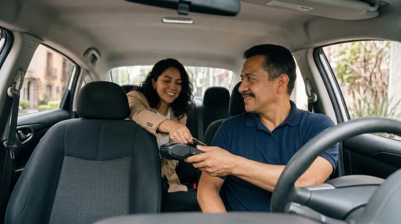 Don Toño, Taxista, sonríe mientras María, su Pasajera, paga con Tarjeta en la Terminal TaxiPay